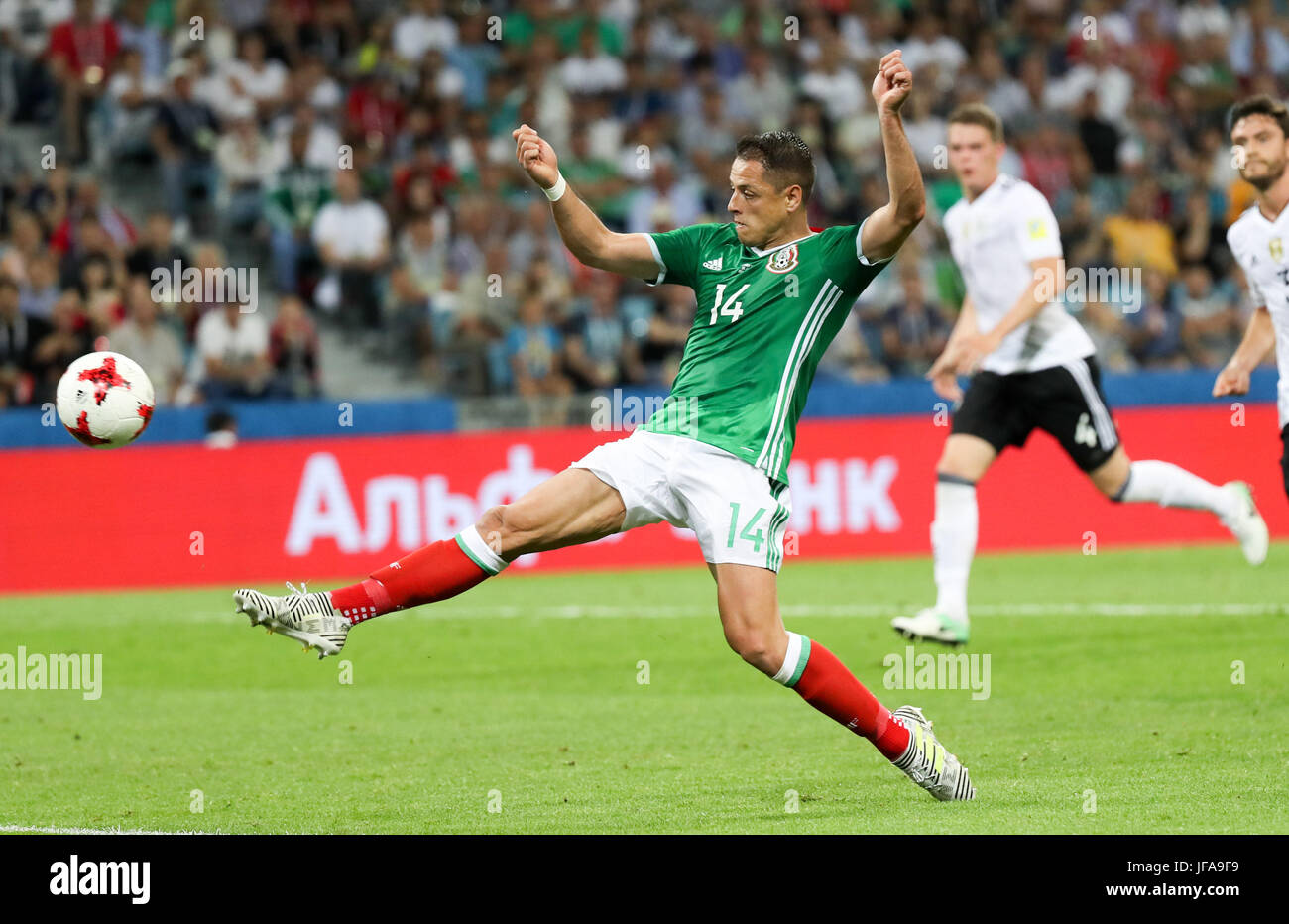 Sochi, Russia. 29th June, 2017. Javier Hernandez (front) of Mexico shoots for a goal during the semifinal match of the 2017 FIFA Confederations Cup against Germany in Sochi, Russia, June 29, 2017. Mexico lost 1-4. Credit: Xu Zijian/Xinhua/Alamy Live News Stock Photo