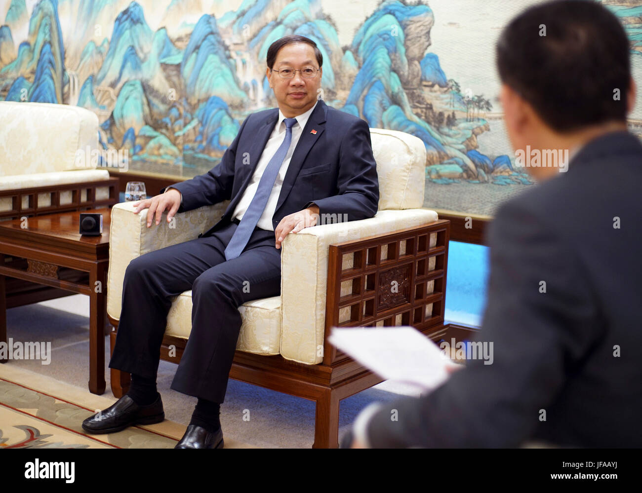 (170630) -- BERLIN, June 30, 2017 (Xinhua) -- Chinese ambassador to Germany Shi Mingde receives an exclusive interview with Xinhua in Berlin, capital of Germany, on June 29, 2017. China hoped that the G20 Hamburg summit can build on the results of G20 Hangzhou summit last year, and make greater achievements in consensus on openness and cooperation among member states, Chinese ambassador to Germany Shi Mingde said Thursday. (Xinhua/Wang Qing) (jmmn) Stock Photo