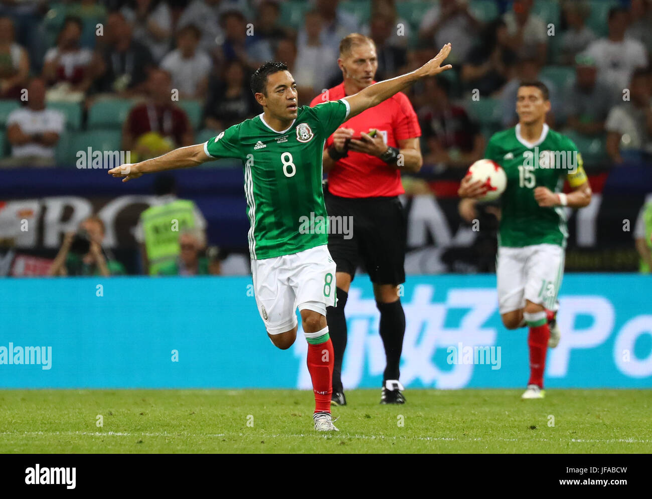 Sochi, Russia. 29th June, 2017. Mexico's Marco Fabian (C) celebrates his goal during the Confederations Cup semi-final between Germany and Mexico at the Fisht Stadium in Sochi, Russia, 29 June 2017. Photo: Christian Charisius/dpa/Alamy Live News Stock Photo