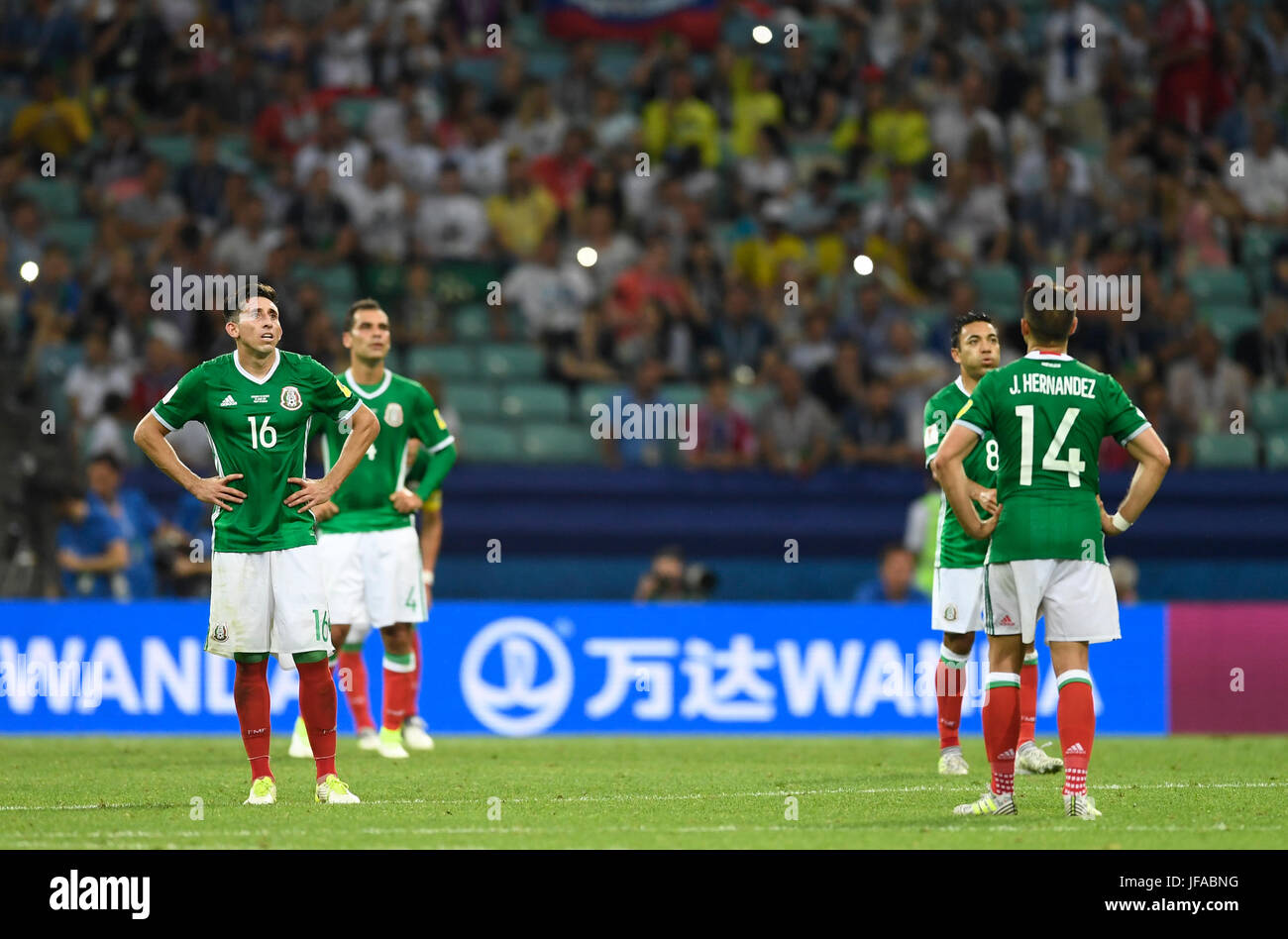 Sochi, Russia. 29th June, 2017. L-R: Mexico's Hector Herrera, Rafael Marquez, Marco Fabian, and Javier Hernandez at the end of the Confederations Cup semi-final between Germany and Mexico at the Fisht Stadium in Sochi, Russia, 29 June 2017 Photo: Marius Becker/dpa/Alamy Live News Stock Photo