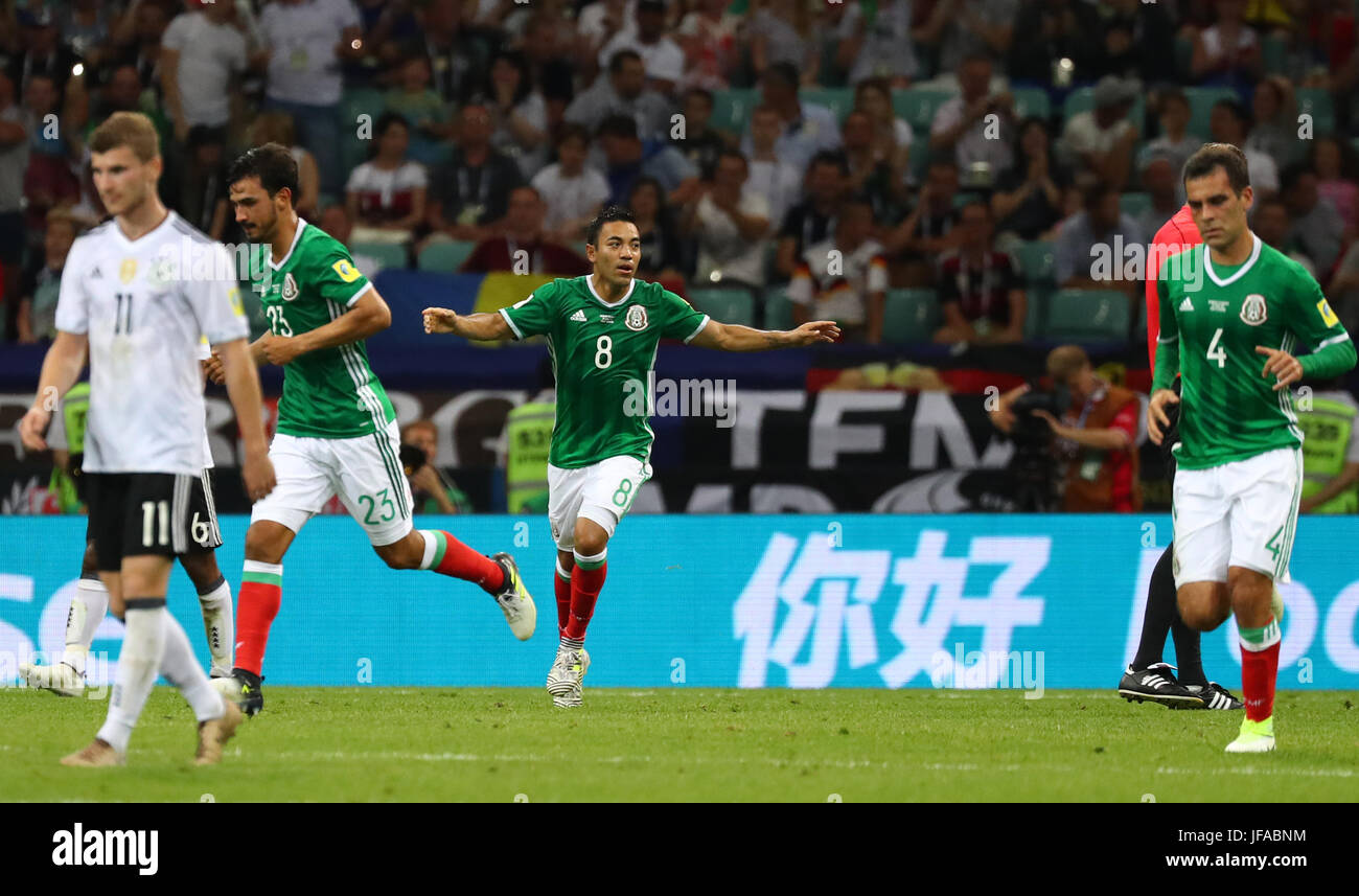 Sochi, Russia. 29th June, 2017. Mexico's Marco Fabian (C) celebrates his goal during the Confederations Cup semi-final between Germany and Mexico at the Fisht Stadium in Sochi, Russia, 29 June 2017. Photo: Christian Charisius/dpa/Alamy Live News Stock Photo