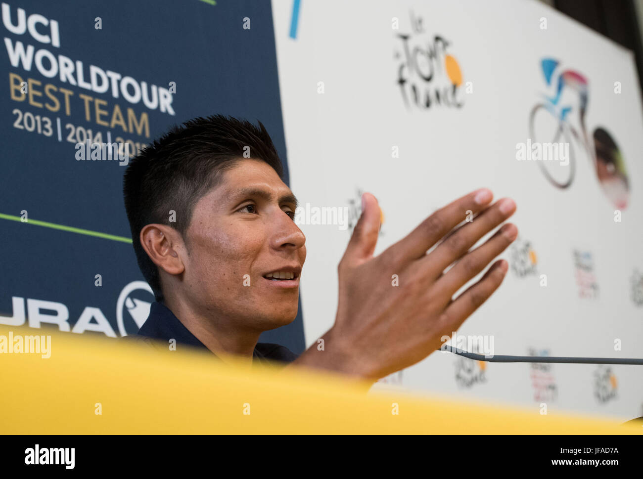 Duesseldorf, Germany. 30th June, 2017. Colombian racing cyclist Nairo Quintana at a Moviestar team press conference in Duesseldorf, Germany, 30 June 2017. Photo: Bernd Thissen/dpa/Alamy Live News Stock Photo