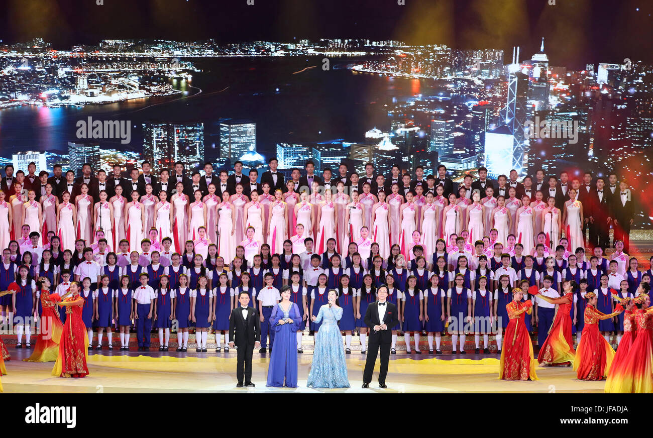 Hong Kong, China. 30th June, 2017. Performers sing a song during an evening gala celebrating the 20th anniversary of Hong Kong's return to the motherland in Hong Kong, south China, June 30, 2017. Credit: Wang Ye/Xinhua/Alamy Live News Stock Photo