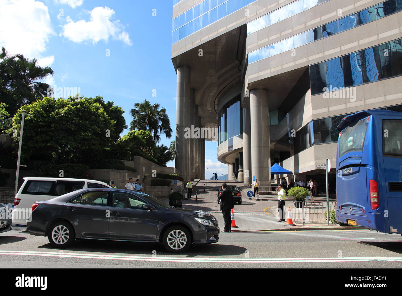 Due to President Xi Jinping's stay at the Grand Hyatt, access to the hotel's driveway was severely restricted by the police, who guarded the site. Stock Photo