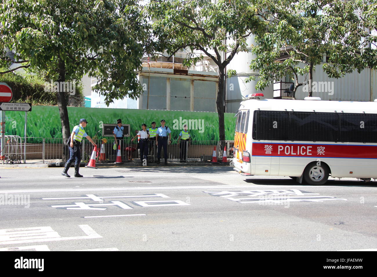 Fenwick Pier Street of Hong Kong was subject to traffic control by the police on the first day of Xi Jinping's visit to Hong Kong. Stock Photo