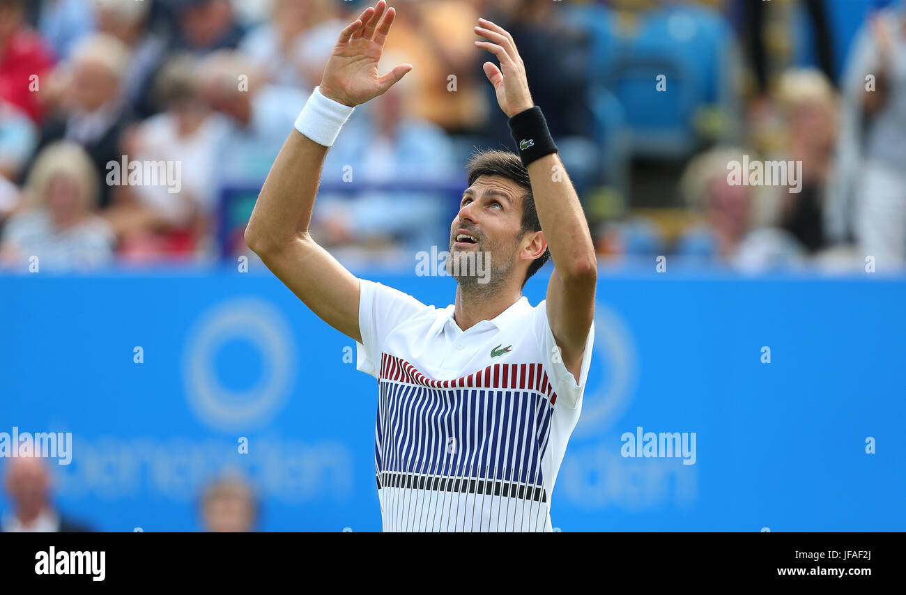 Eastbourne, UK. 30th June, 2017. Novak Djokovic of Serbia celebrates after beating Daniil Medvedev of Russia in the semi final during day Six of the Aegon International Eastbourne on June 30, 2017 in Eastbourne, England Credit: Paul Terry Photo/Alamy Live News Stock Photo