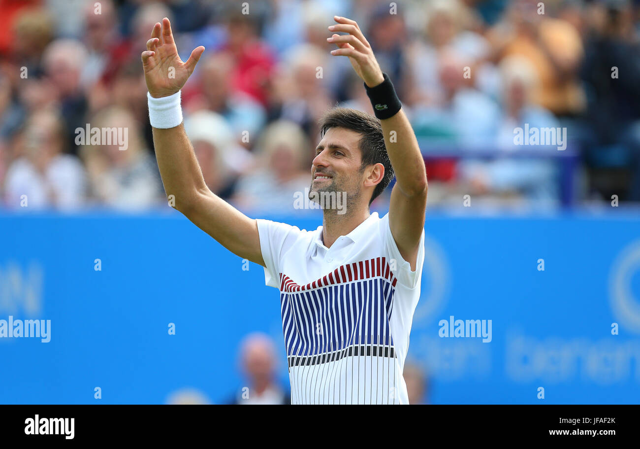Eastbourne, UK. 30th June, 2017. Novak Djokovic of Serbia celebrates after beating Daniil Medvedev of Russia in the semi final during day Six of the Aegon International Eastbourne on June 30, 2017 in Eastbourne, England Credit: Paul Terry Photo/Alamy Live News Stock Photo