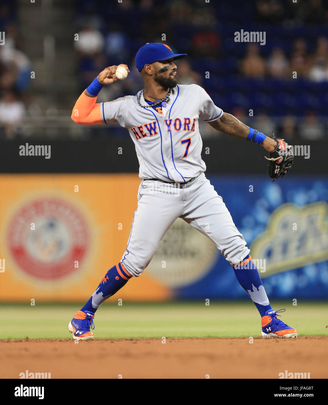 June 29, 2017: New York Mets shortstop Jose Reyes (7) throws a ball to first base in the fifth inning during a MLB game between the New York Mets and the Miami Marlins at the Marlins Park, in Miami, Florida. The Mets won 6-3. Mario Houben/CSM Stock Photo