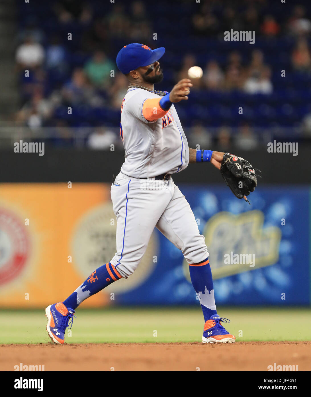 June 29, 2017: New York Mets shortstop Jose Reyes (7) throws a ball to first base in the fifth inning during a MLB game between the New York Mets and the Miami Marlins at the Marlins Park, in Miami, Florida. The Mets won 6-3. Mario Houben/CSM Stock Photo