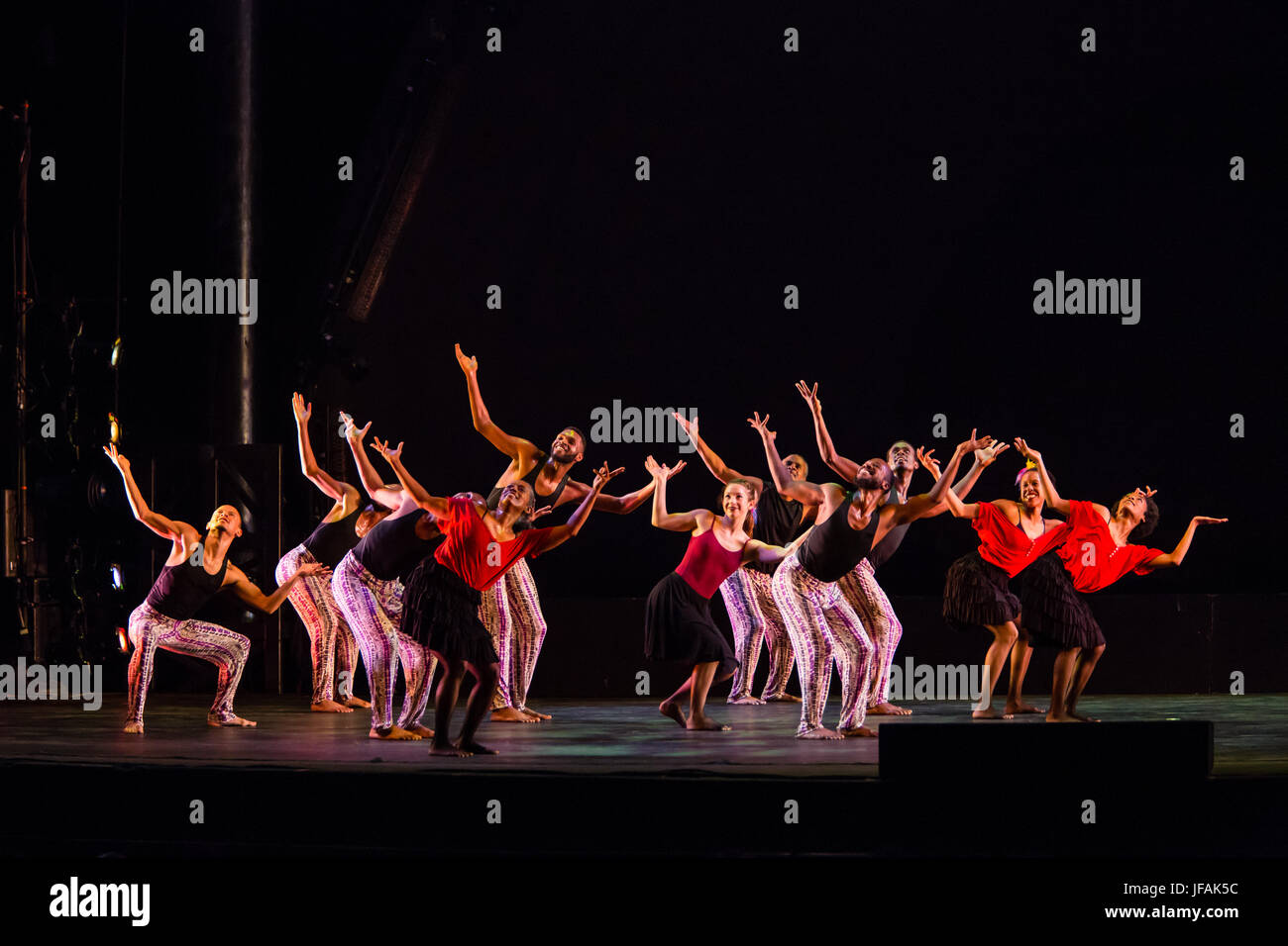 Brooklyn, Us. 30th June, 2017. Brooklyn, NY - 30 June 2017. The BRIC Celebrate Brooklyn! Festival summer concert series featured a performance by Garth Fagan Dance, choreographed by the Tony and Olivier award-winning choreographer of the Broadway hit The Lion King, Garth Fagan. The troupe performed two new pieces, In Conflict and A Moderate Cease, along with some revival pieces, all featuring the company's blend of modern, Afro-Caribbean, and classical dance. Credit: Ed Lefkowicz/Alamy Live News Stock Photo