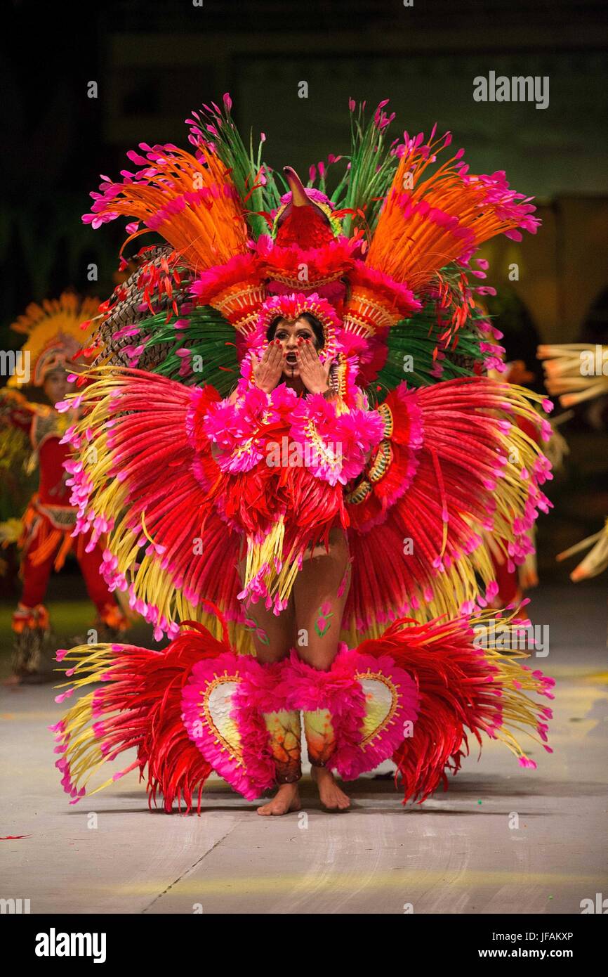 Parintins, Brazil. 1st July, 2017. An actor of Garantido team performs