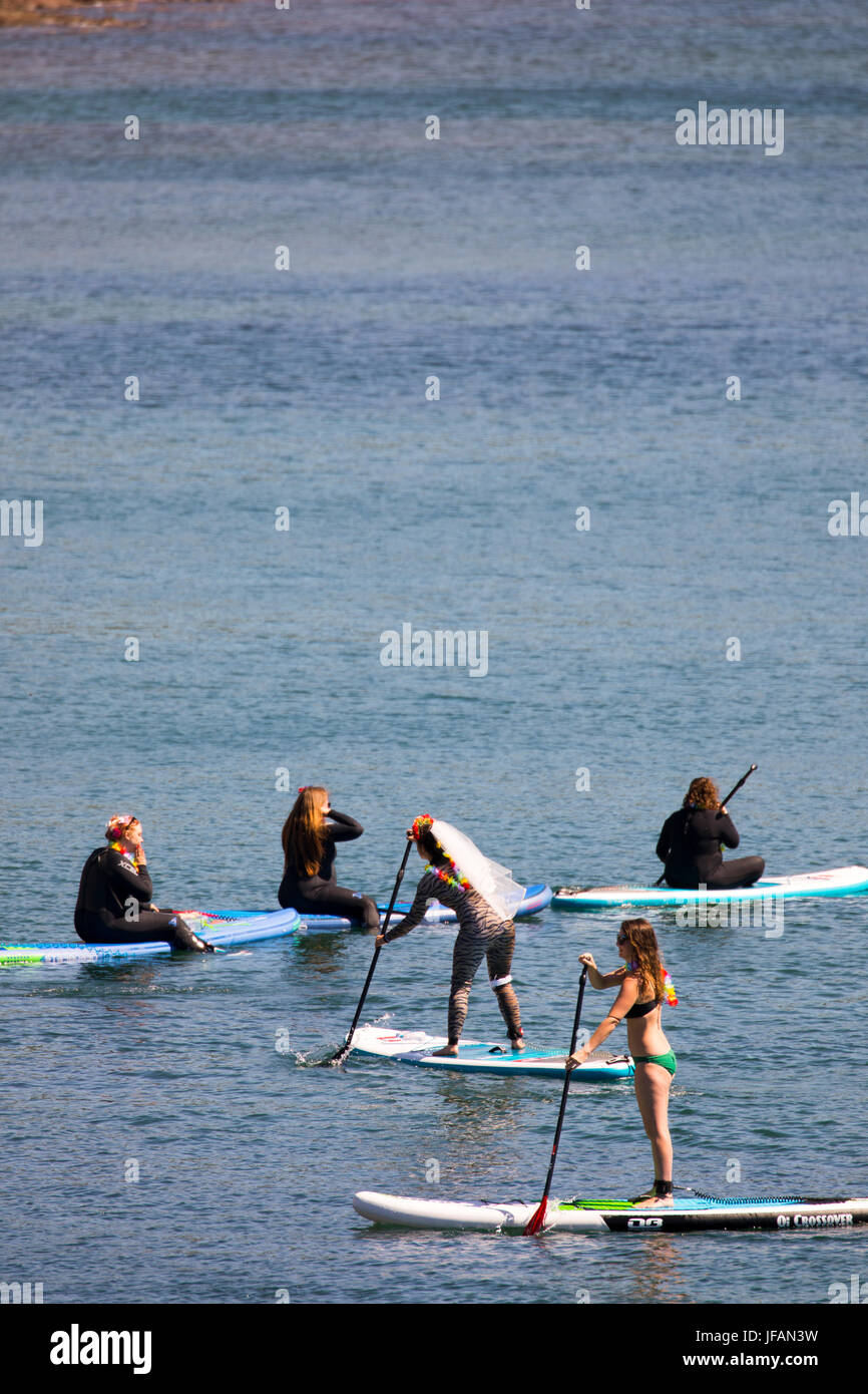 A group of friends celebrating a friends hen party cornish style with a paddle board across from Cawsand to Kingsand in the coastal harbour in Cornwall, England Stock Photo