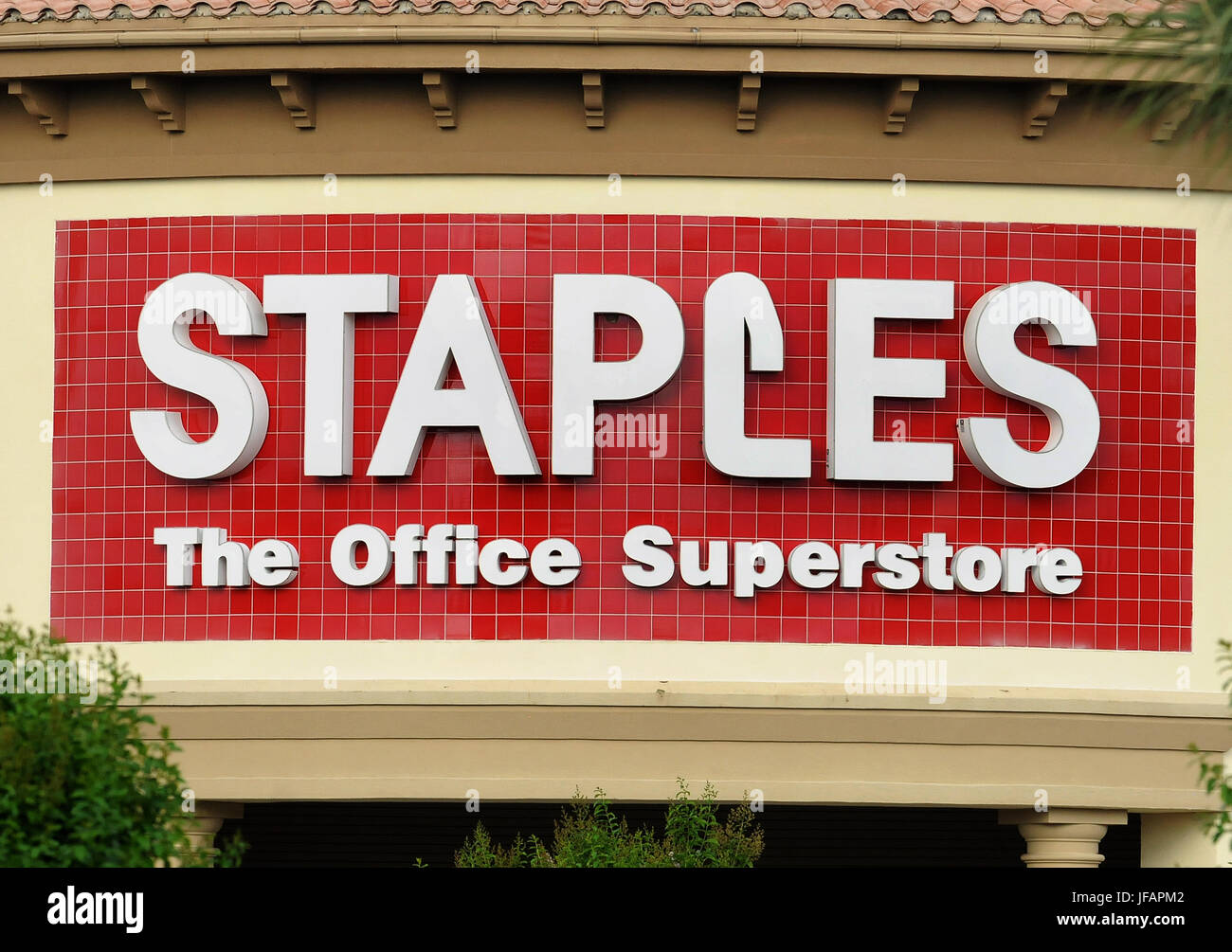 Staples office superstore sign. An American multinational office