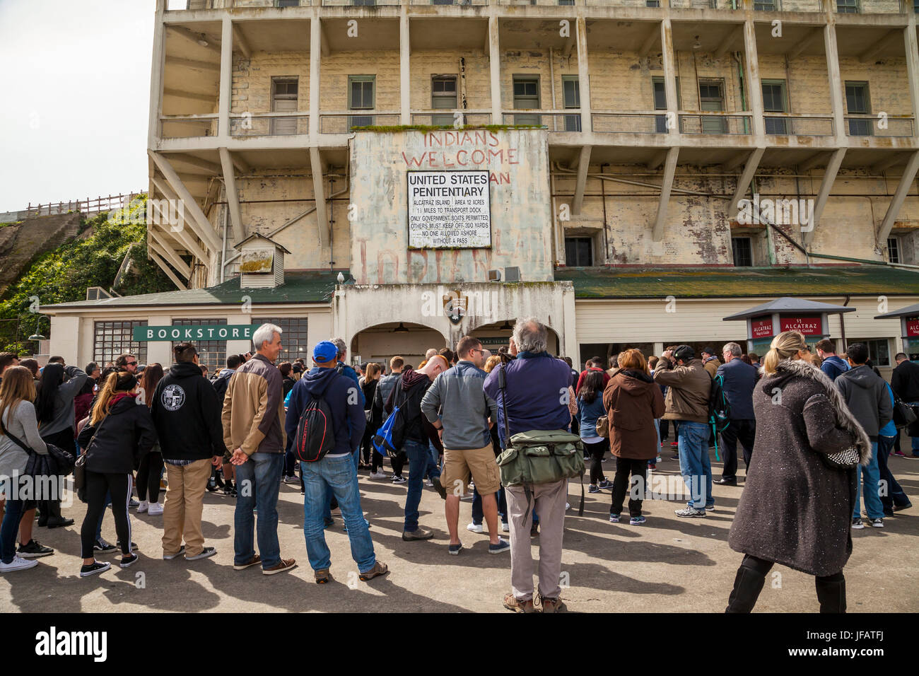 Tourists at the entrance of Alcatraz penitentiary, San Francisco, California, USA Stock Photo