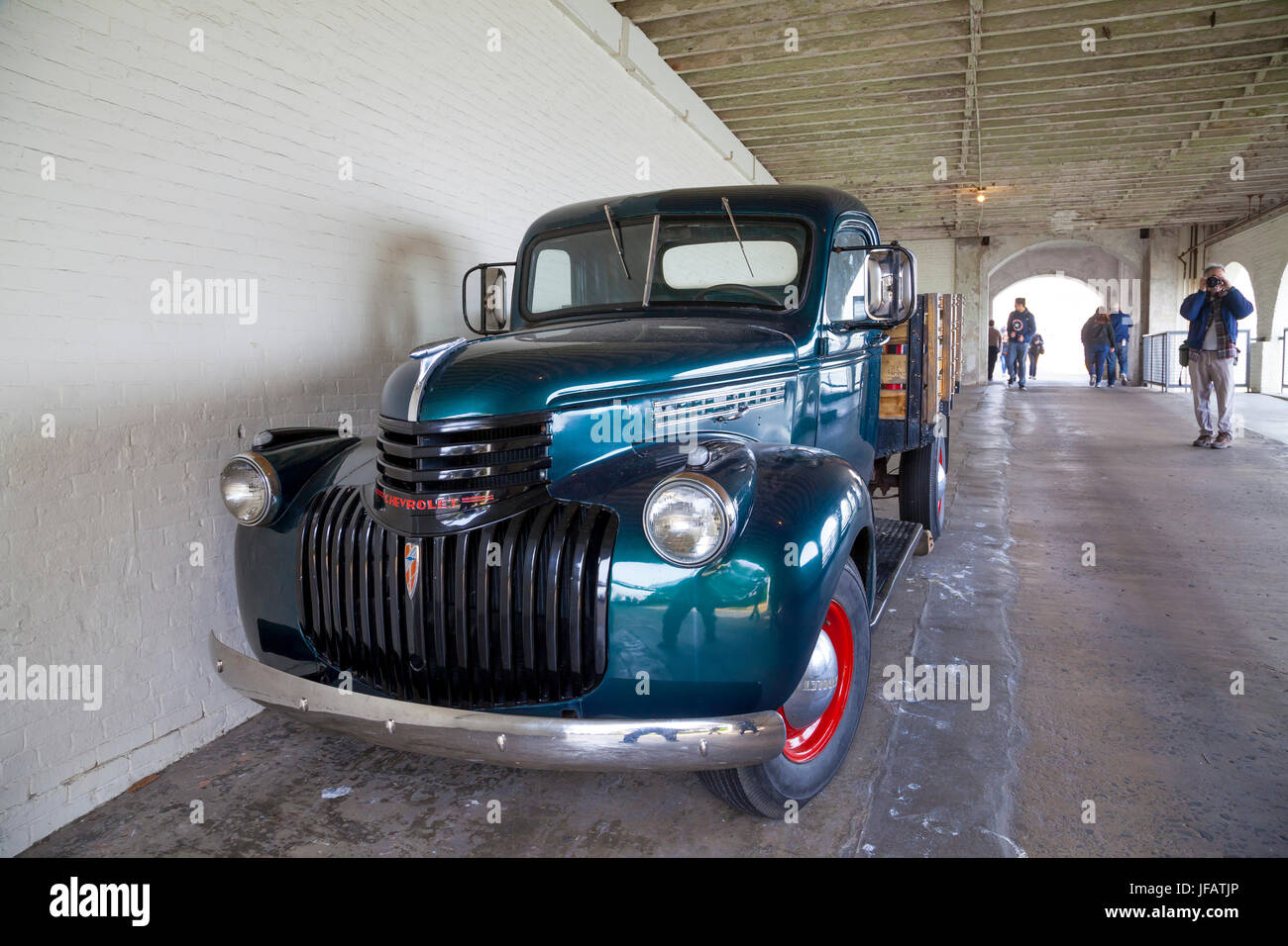 Chevy vintage truck inside Alcatraz penitentiary, San Francisco, California, USA Stock Photo