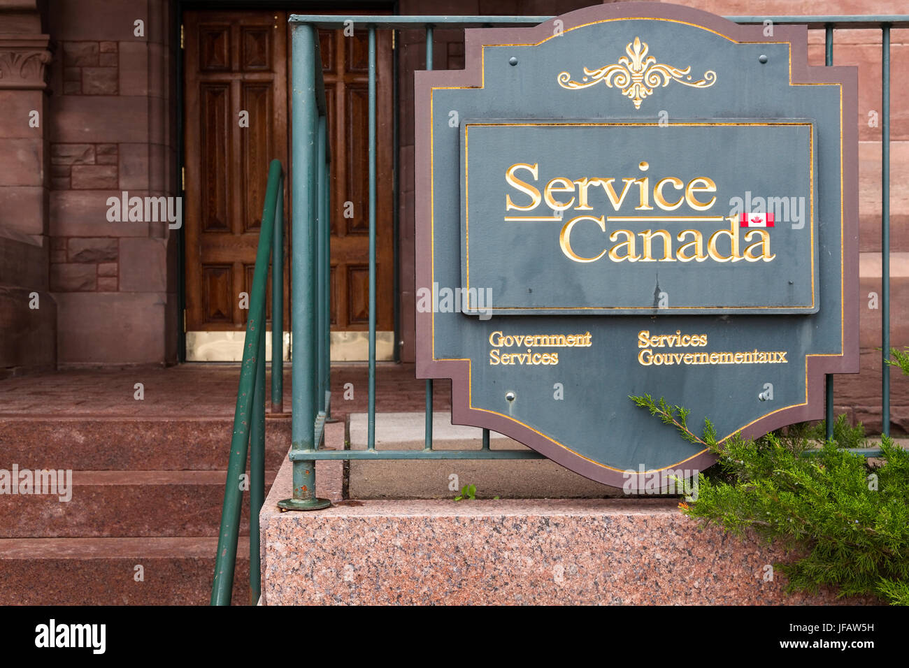 A sign for the Service Canada building in downtown Brockville, Ontario