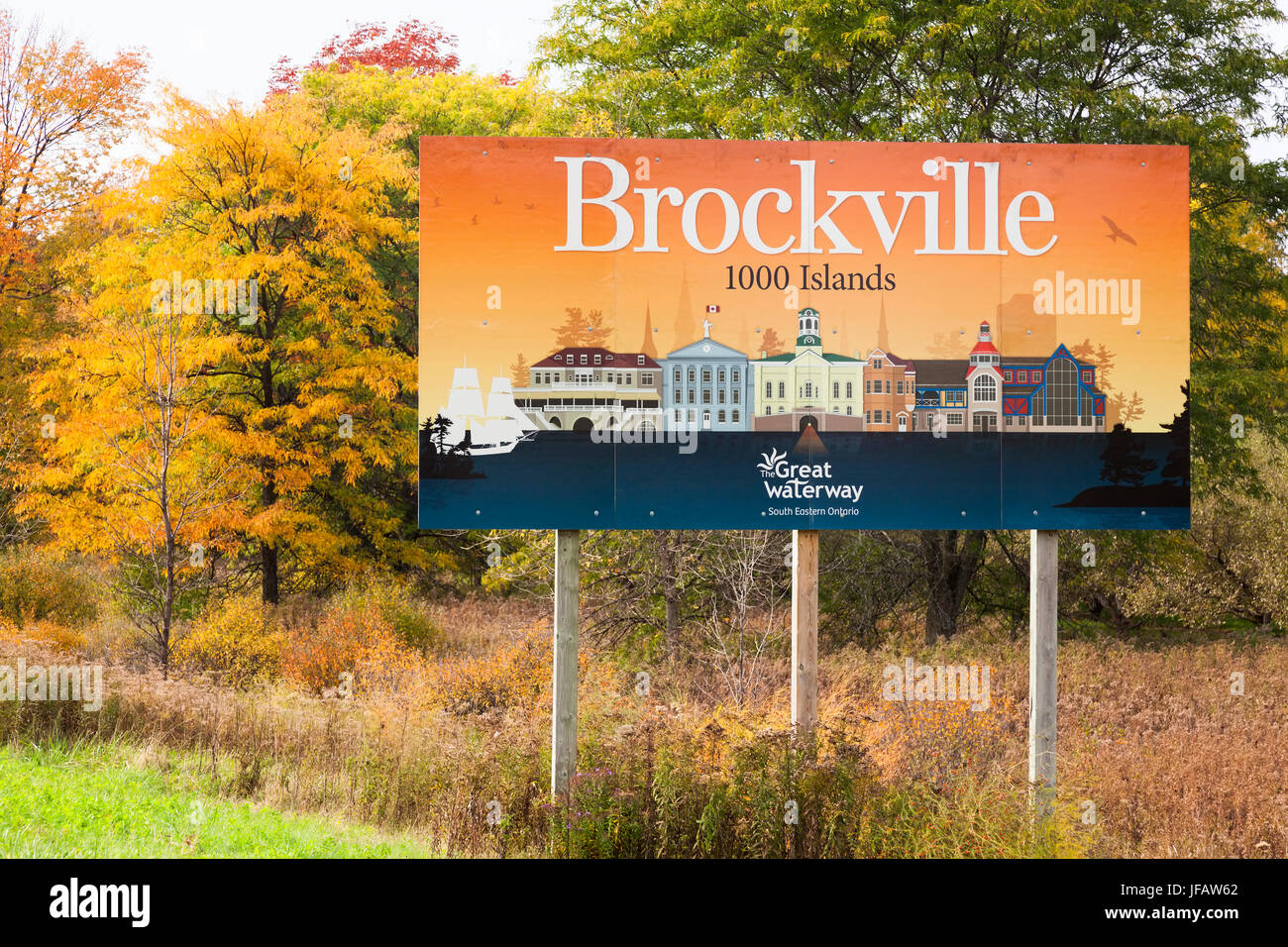 A sign that welcomes visitors to Brockville in Brockville, Ontario, Canada. Stock Photo
