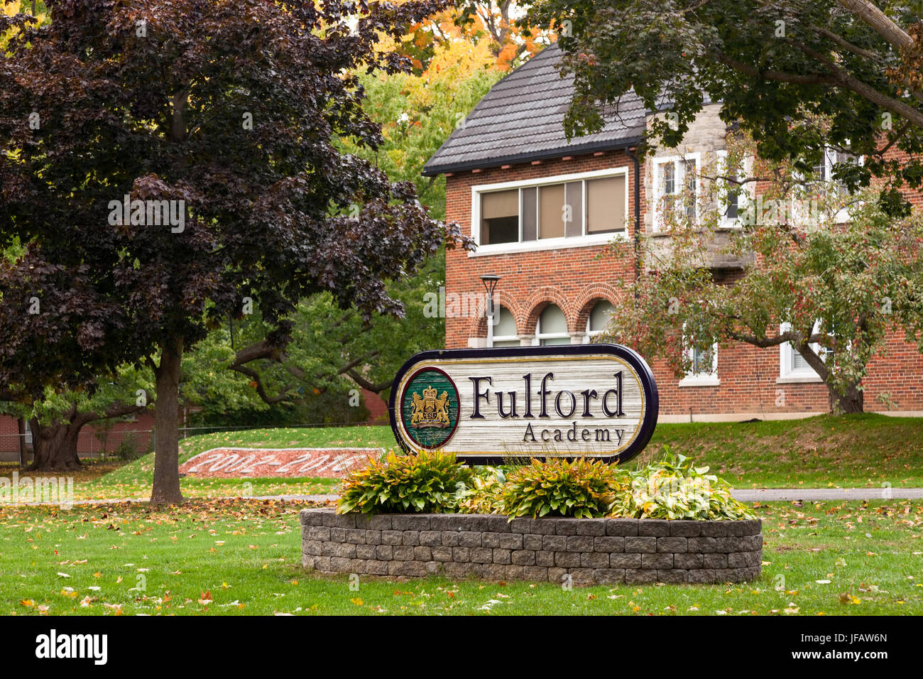 Fulford Academy with the sign in front of the building in downtown Brockville, Ontario, Canada. Stock Photo
