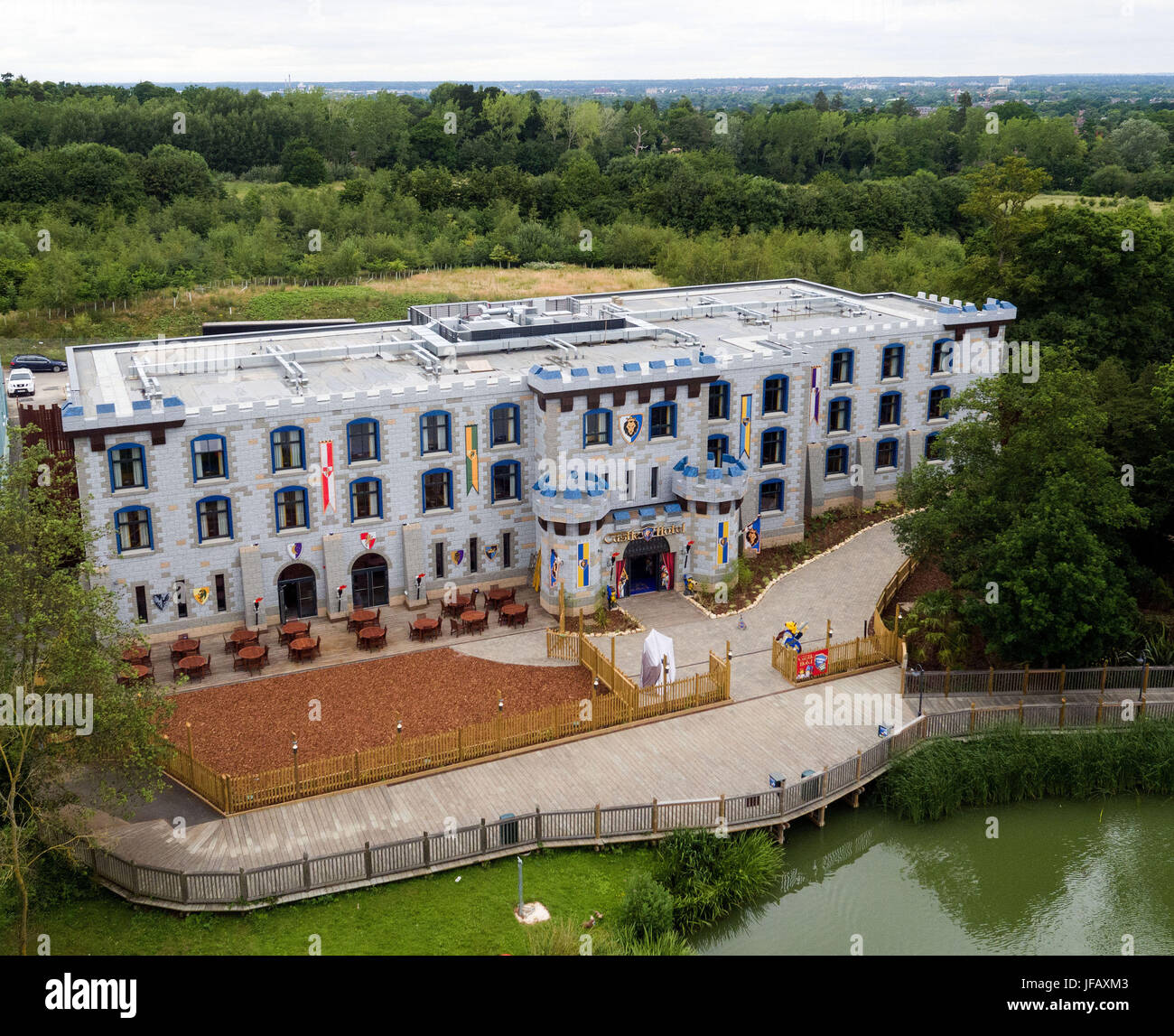 An aerial image of the new LEGOLAND Castle Hotel, which opens to the public at LEGOLAND Windsor Resort in Berkshire on July 1. Stock Photo