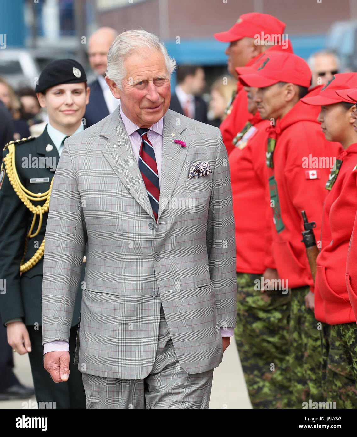The Prince of Wales reviews Canadian Rangers during an official welcome ceremony at Nunavut Legislative Assembly in Iqaluit during a 3 day official visit to Canada. Stock Photo