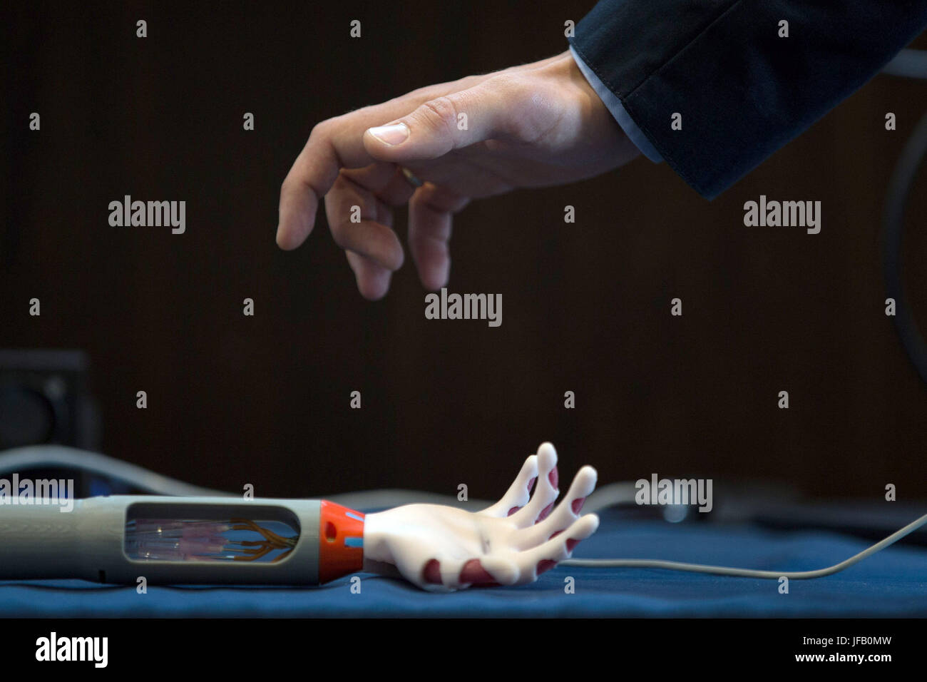 A soft prosthetic hand from the Queen Mary, University of London on display during the UK Robotics Week international robotics showcase, at Savoy Place in London. Stock Photo