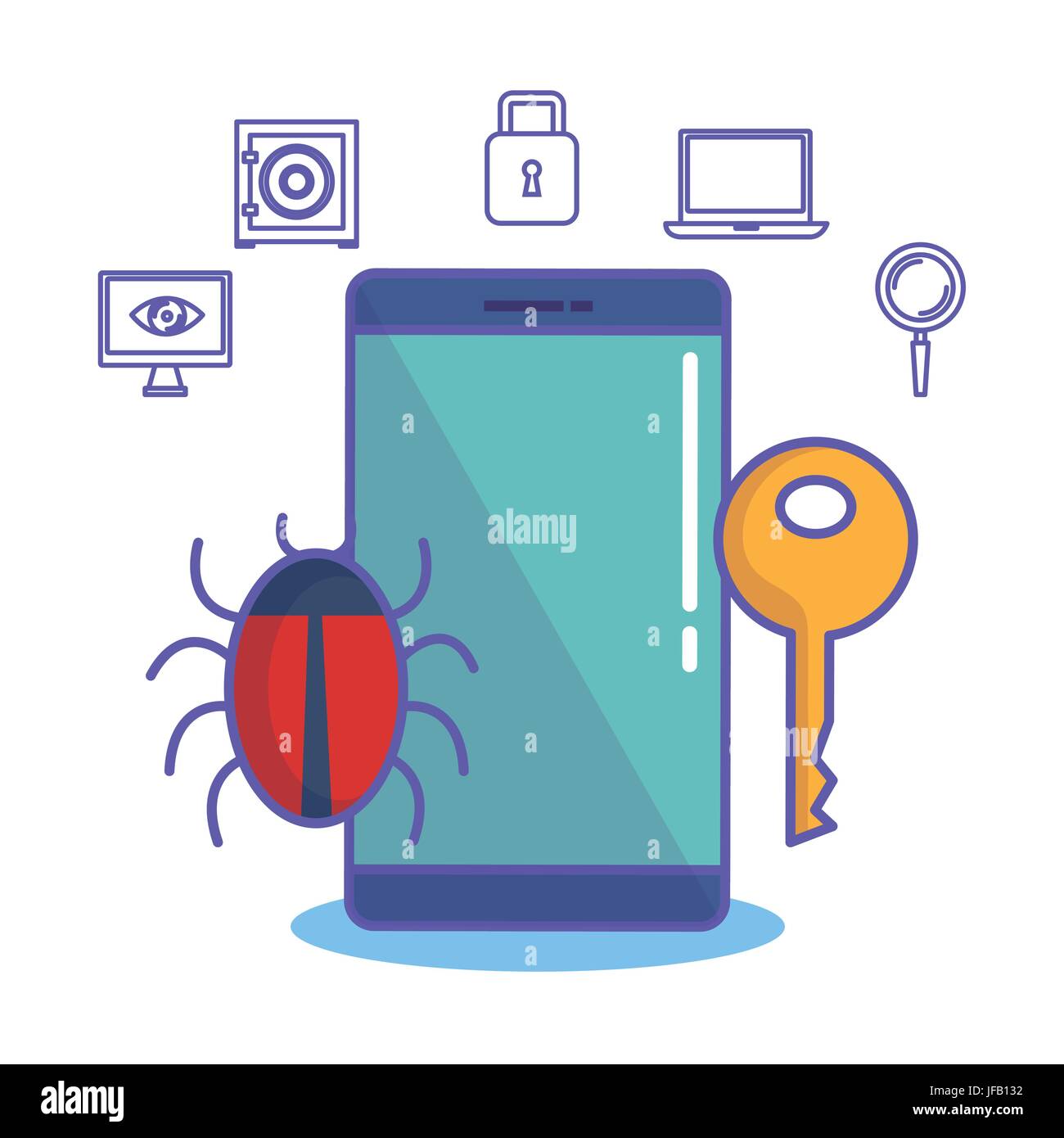 Smartphone with lady bug key and hand drawn cyber security related ...