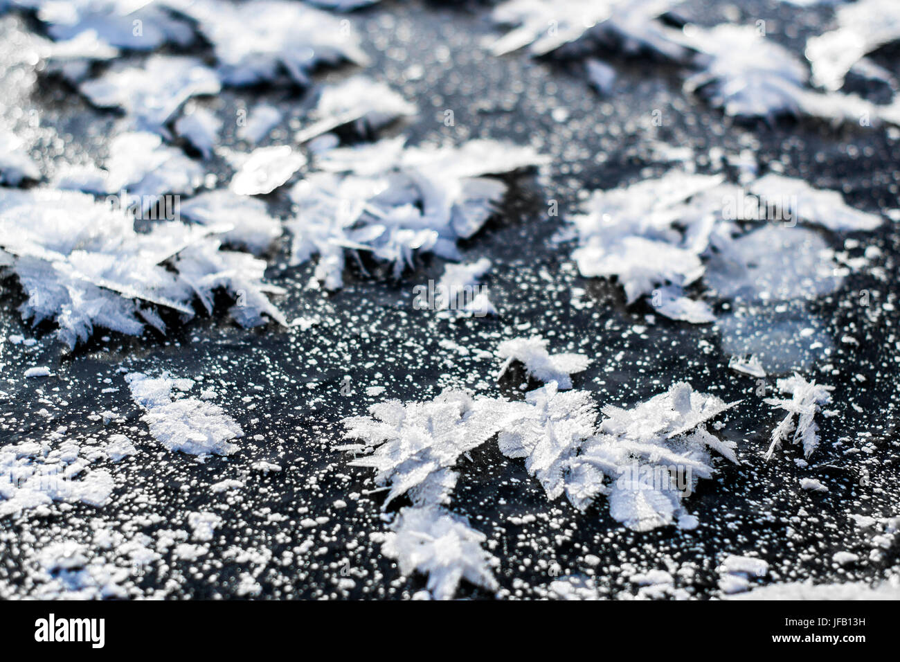 Beautiful icy snowflakes on the river ice Stock Photo
