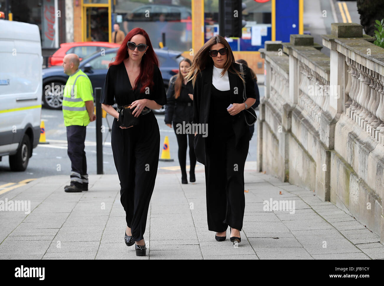 Kym Marsh and Kate Oates (left) arrives at the funeral service of Martyn Hett, who was killed in the Manchester Arena bombing, at Stockport Town Hall Plaza. Stock Photo