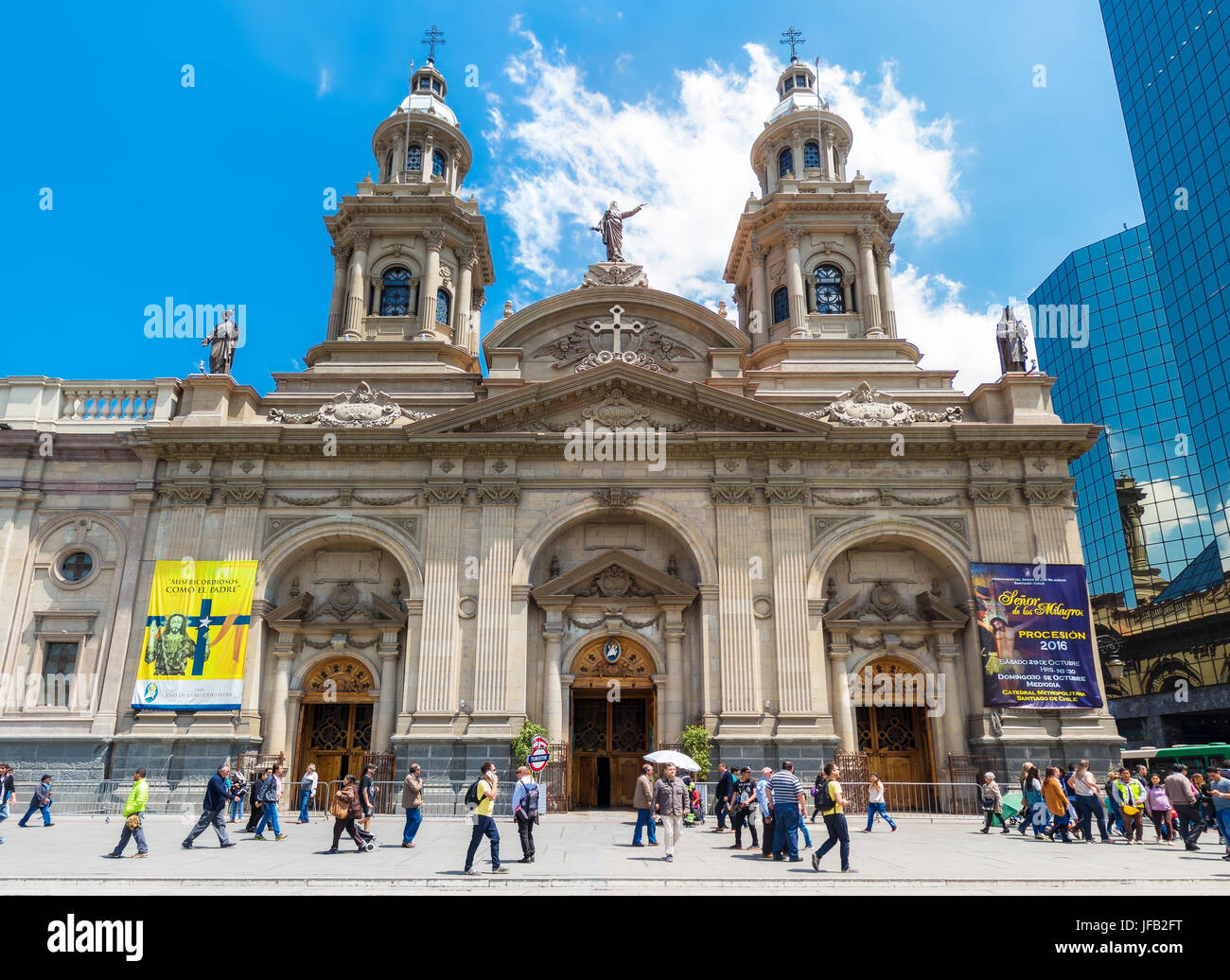 SANTIAGO, CHILE - OCTOBER 23, 2016: People on Plaza de Armas in front of Santiago Metropolitan Cathedral. This is the main sguare of the city, surroun Stock Photo