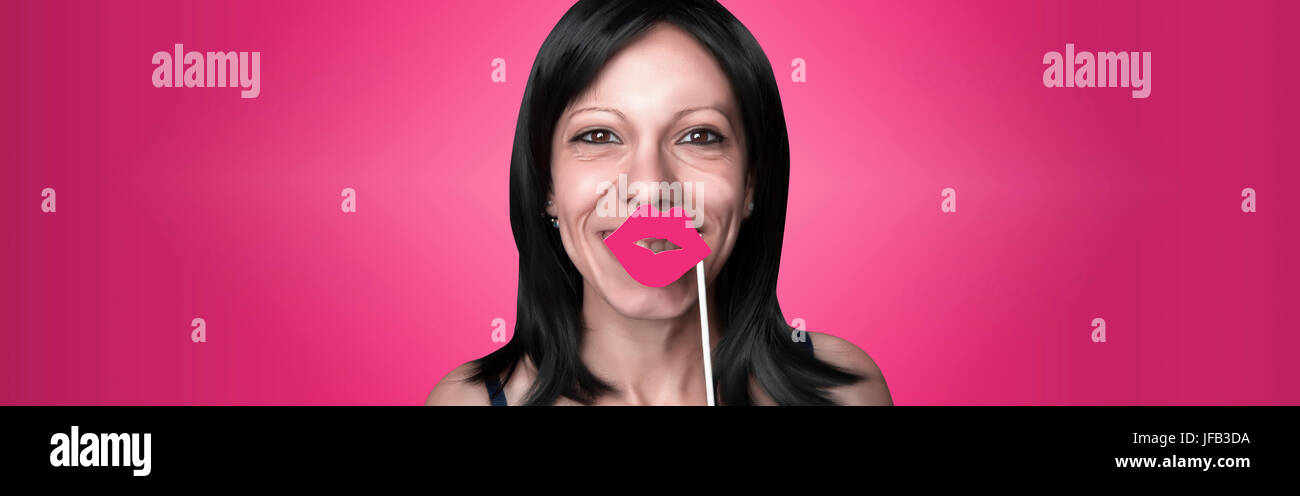 Girl with a fake pink yarrow mouth, in cartoon style, on pink background Stock Photo