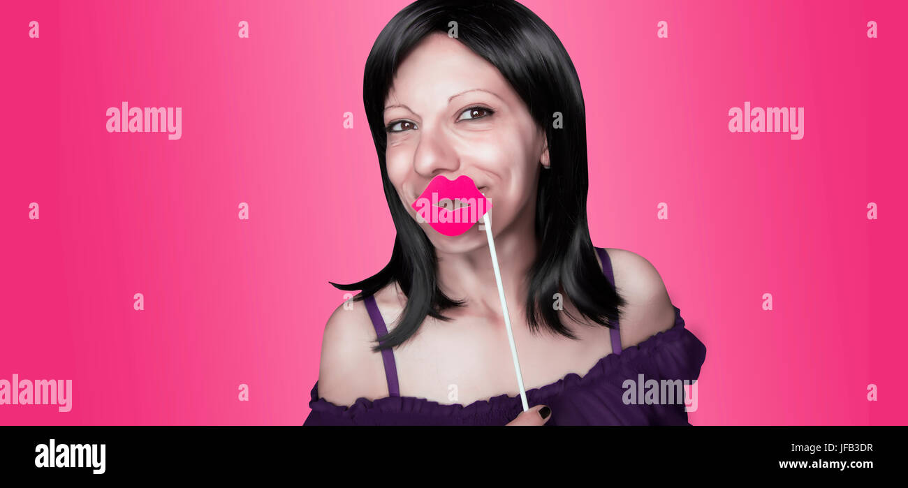 Girl with a fake pink yarrow mouth, in cartoon style, on pink background Stock Photo