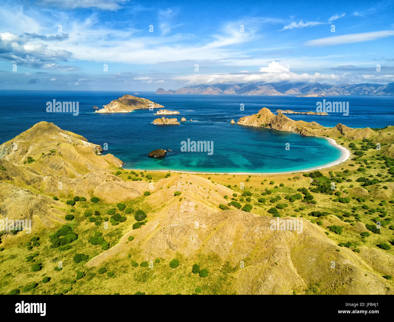 Aerial view of a small bay on Pulau Padar island in between Komodo and Rinca Islands near Labuan Bajo in Indonesia. Stock Photo