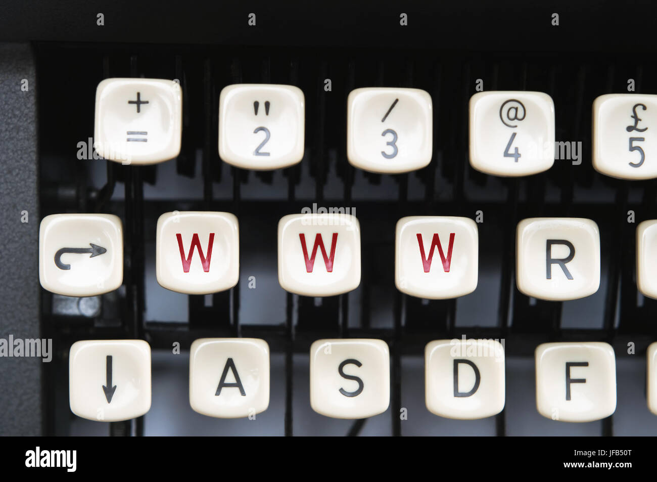 Close up of old manual typewriter keys with three displaying WWW in red to illustrate old technology meets new, Web authoring, blogging etc. Stock Photo