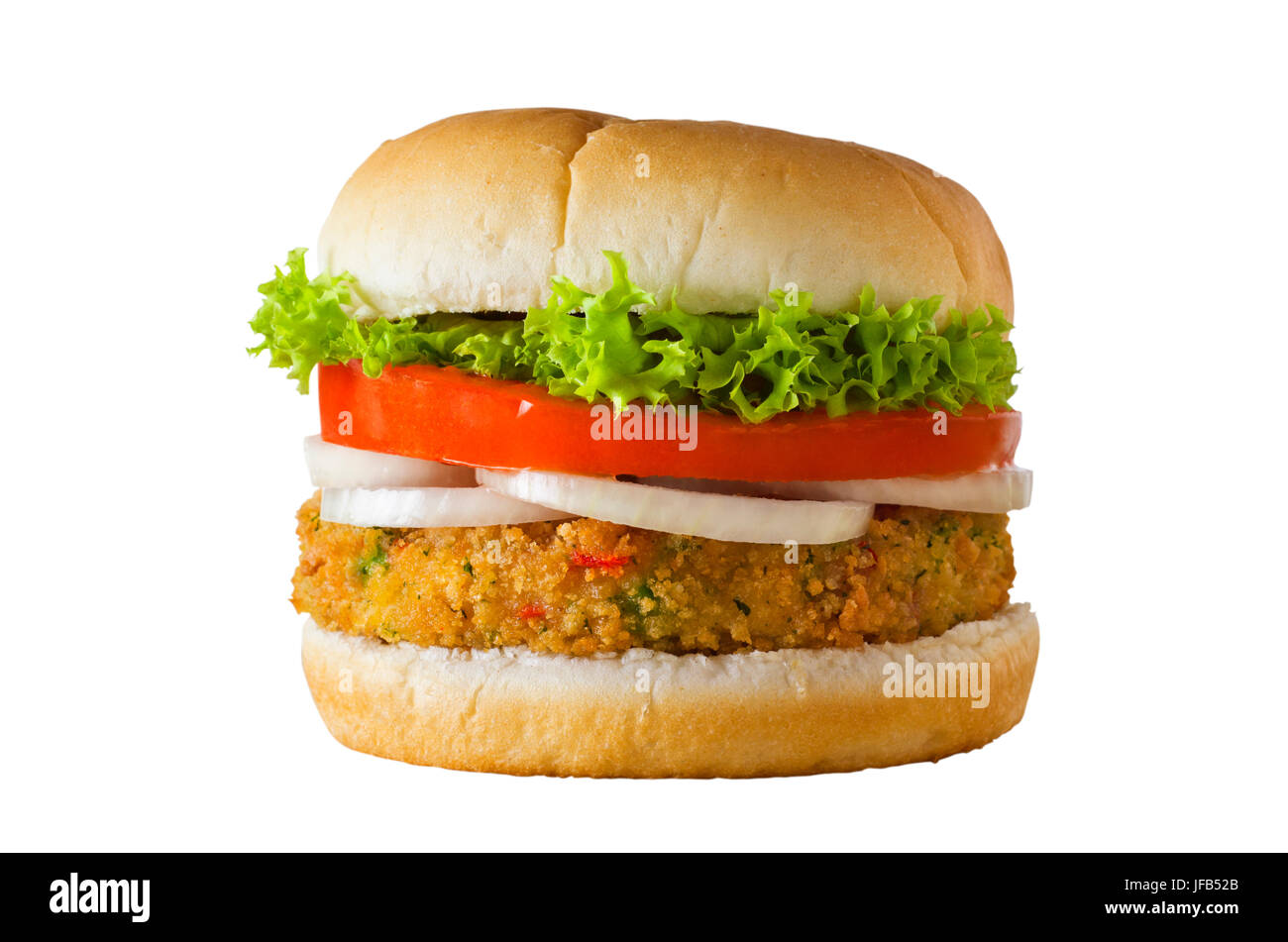 A cheese-free vegetarian burger made from vegetables and breadcrumbs, stacked with onion rings, slice of tomato and curly lettuce, in a bap.  Isolated Stock Photo