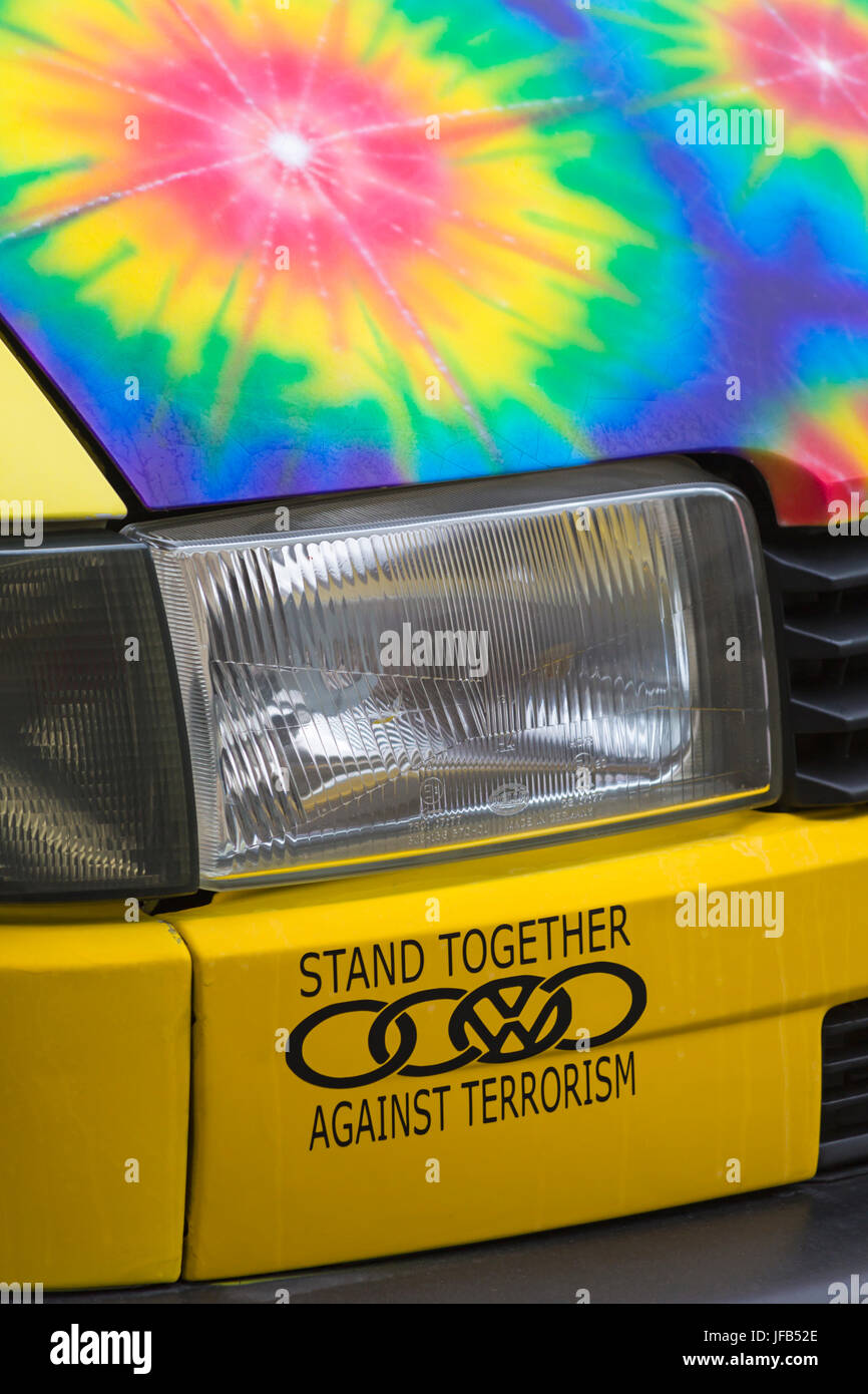 Stand together against terrorism - detail on colourful VW Volkswagen vehicle Stock Photo