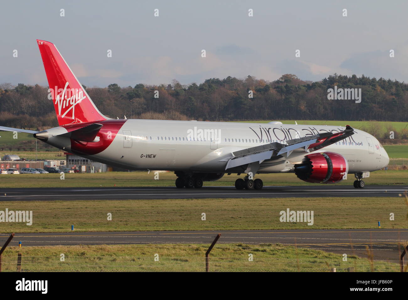 G-VNEW 'Birthday Girl', a Boeing 787 operated by Virgin Atlantic, at Prestwick International Airport in Ayrshire. Stock Photo