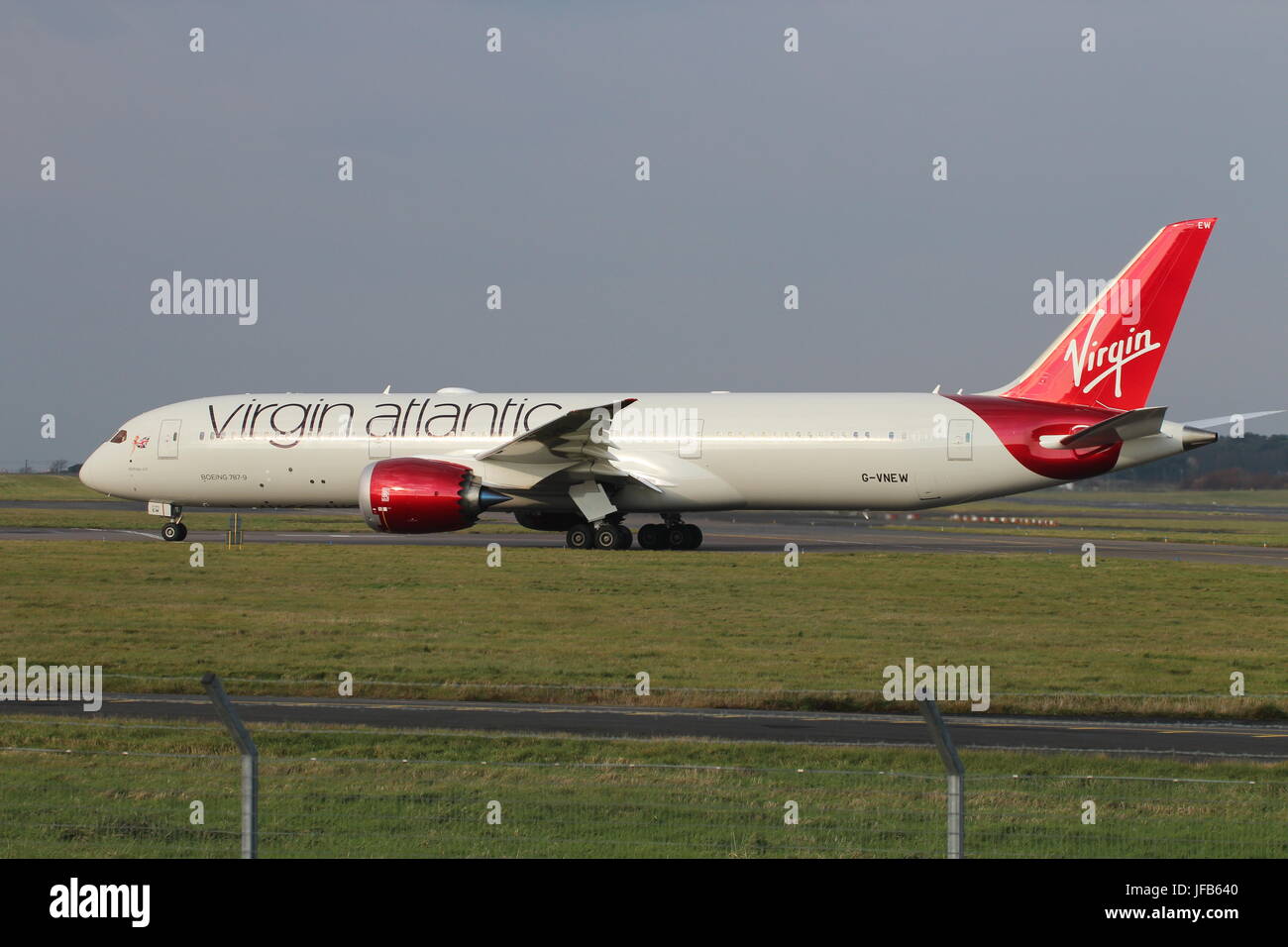 G-VNEW "Birthday Girl", a Boeing 787 operated by Virgin Atlantic, at Prestwick International Airport in Ayrshire. Stock Photo