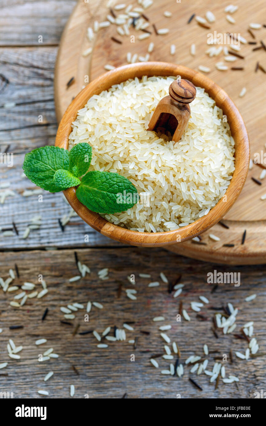 Full bowl of long grain white rice. Stock Photo