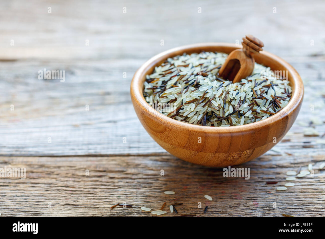 Bowl with white long grain and wild rice. Stock Photo