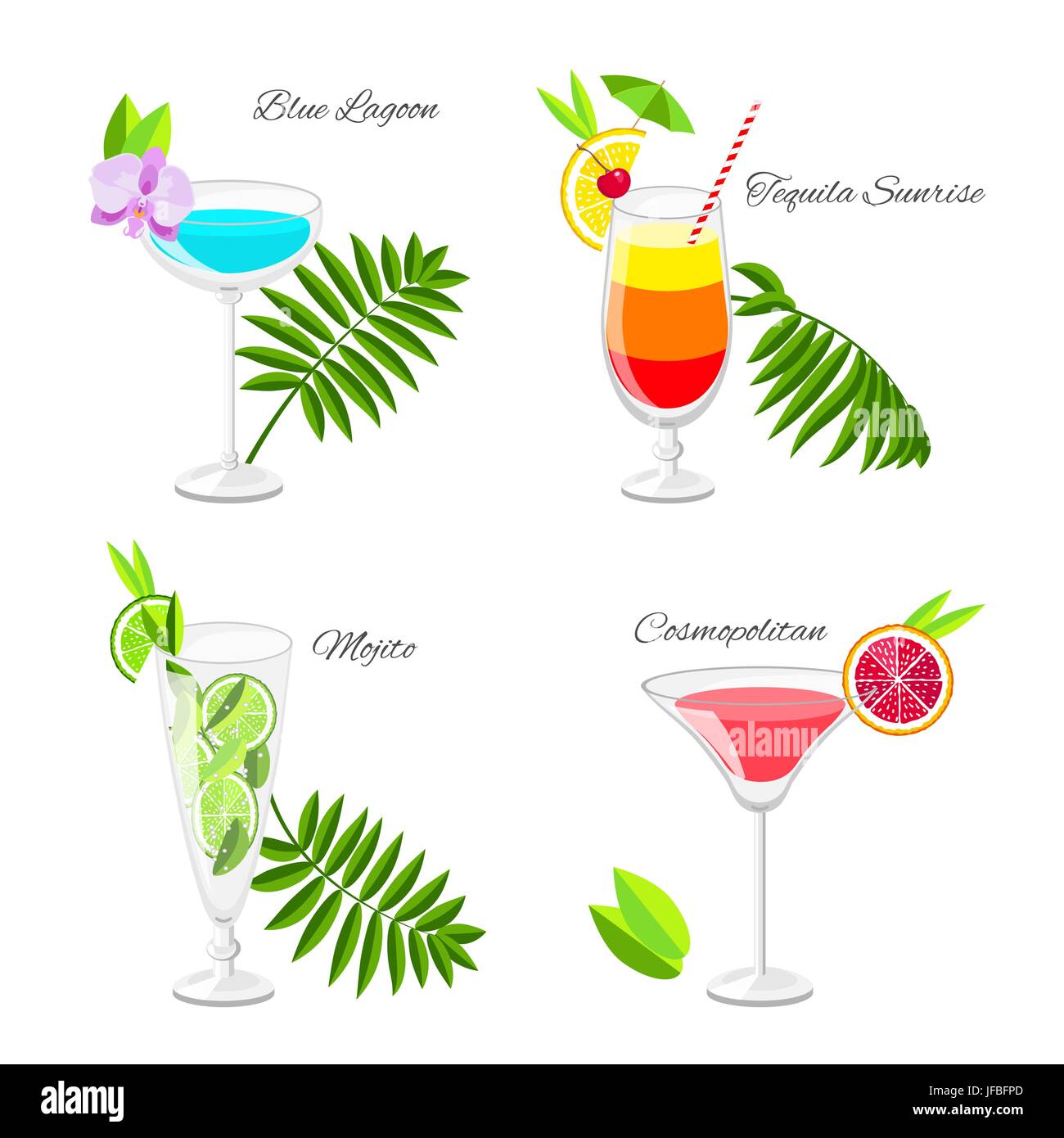 Set of popular cocktails decorated with fruit slices and tropical flowers vector cartoon style. Collection of summer long drinks isolated on white for Stock Vector