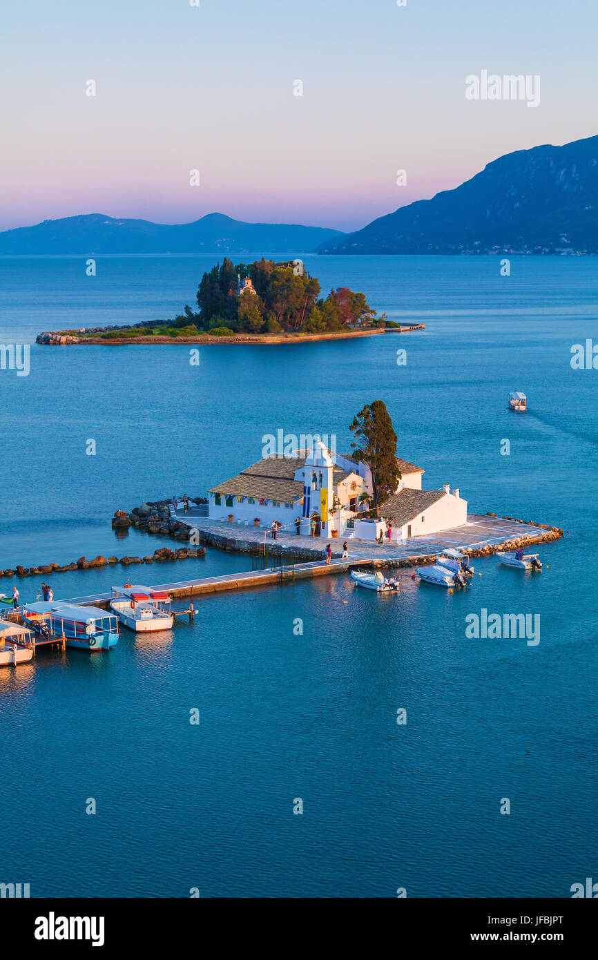 Vlacherna orthodox monastery and Pontikonisi island near Kanoni, Corfu, Greece Stock Photo