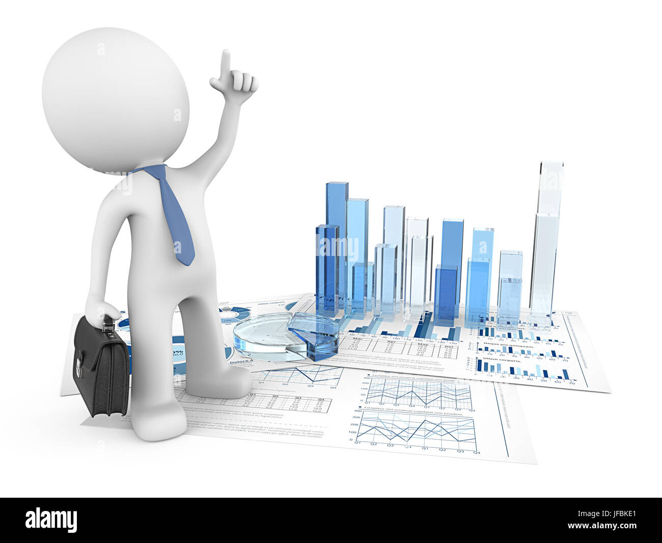 Dude 3D character pointing up on financial document with 3d graphs and pie of blue glass. 3d Render. Stock Photo