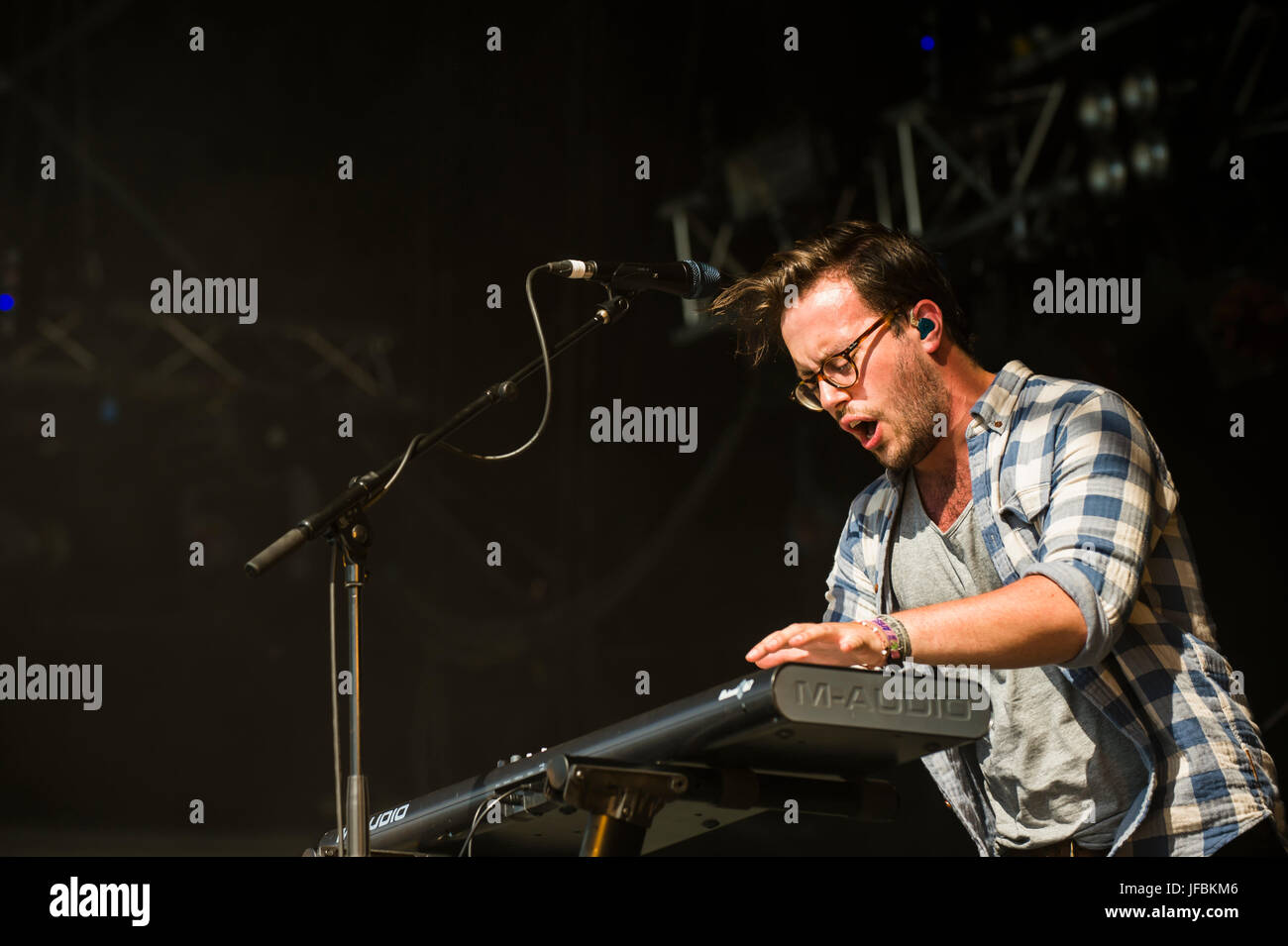 Dundrennan Scotland, UK - July 25, 2014: Stewart Brock of Glasgow synthpop band Prides performs at the 13th Wickerman Festival Stock Photo