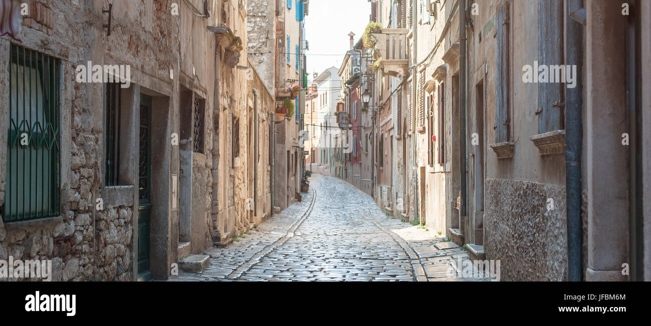 Coastal old town small narrow street. Rovinj, Istria, Croatia Stock Photo
