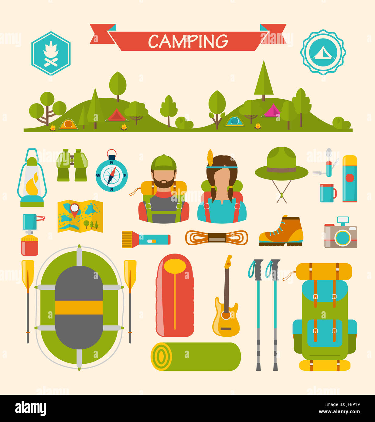 Illustration Set of Camping and Hiking Equipment, Outdoors Adventure ...