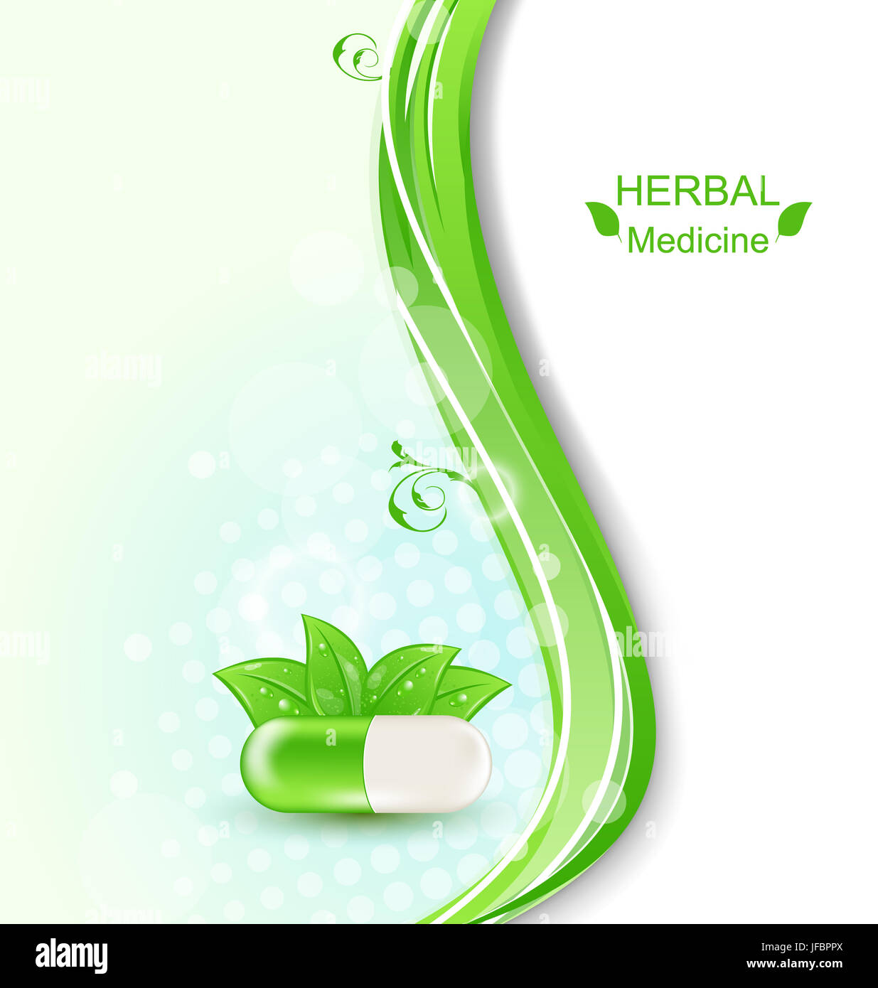 Illustration Medical Wavy Background with Pill and Green Leaves, Herbal