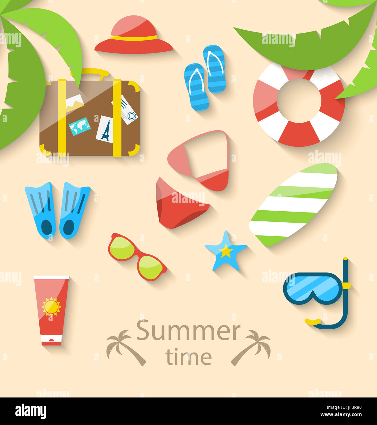Illustration summer vacation time with flat set colorful simple icons ...