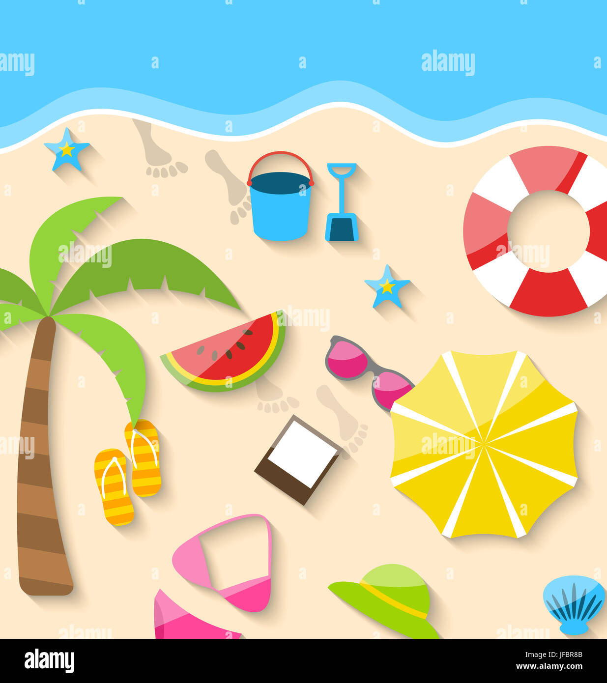 Illustration Summer Time Background, Flat Colorful Icons on the Beach Stock  Photo - Alamy