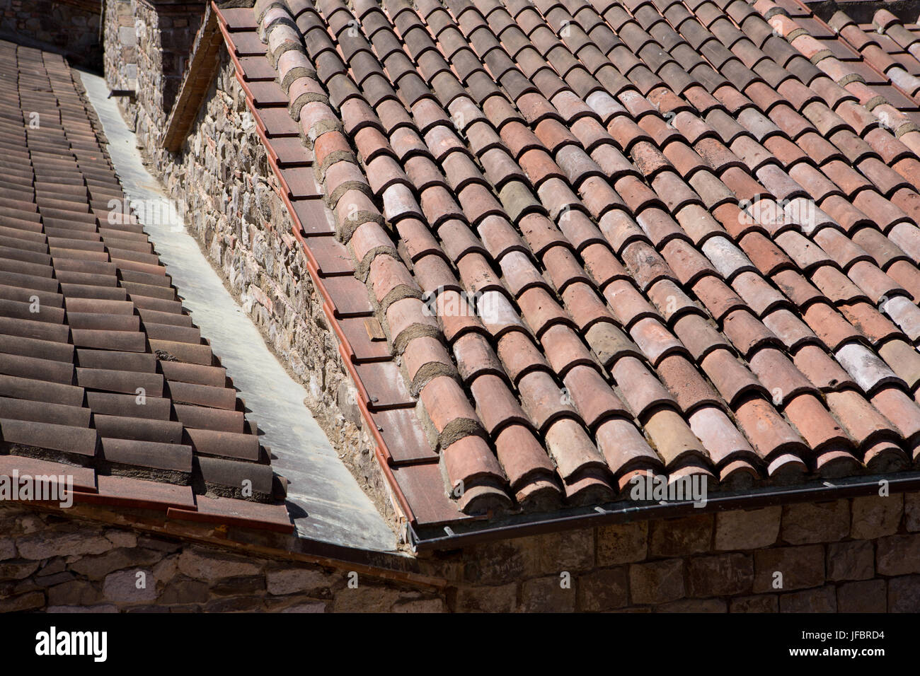 The roof details and architecture of Castello di Amorosa, a winery in Napa Valley designed as a castle. Stock Photo
