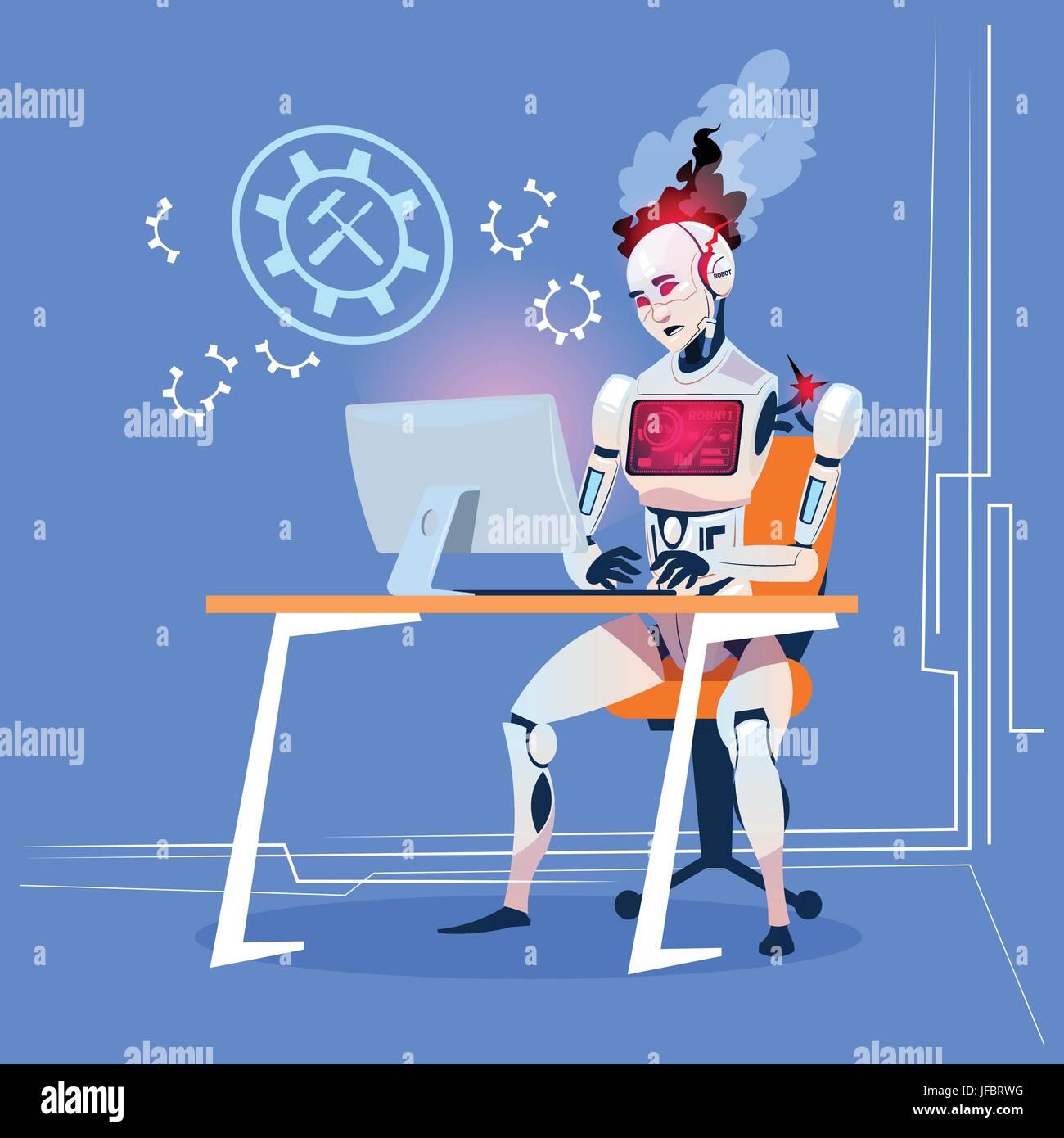 Robot Fixing Computer Modern Robot Working With Computer Fixing Errors Futuristic Artificial ...